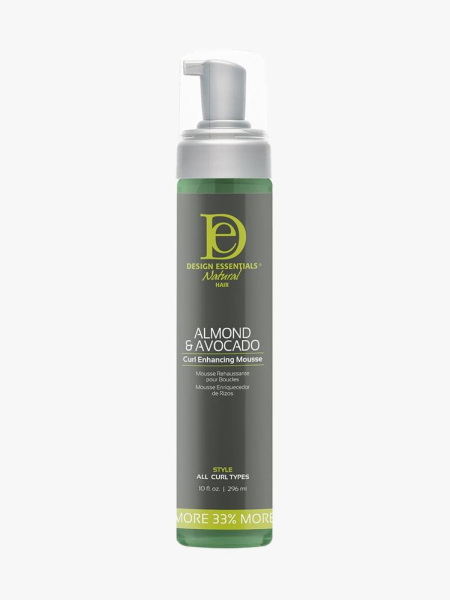 Design Essentials Almond & Avocado Curl Enhancing Mousse dark gray mousse bottle on light gray background